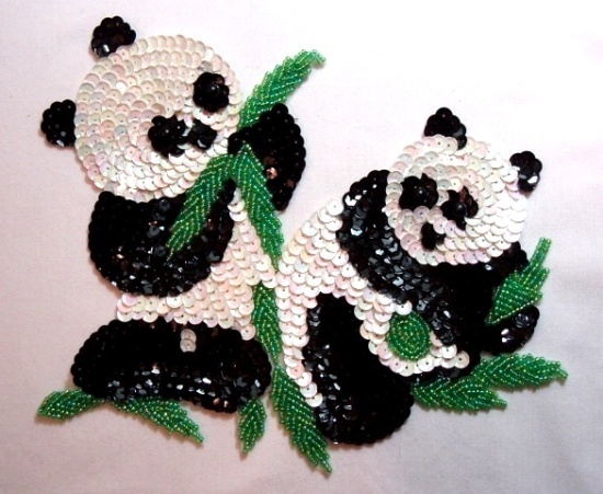 Panda Bears 8" Sequin Beaded Applique K9305