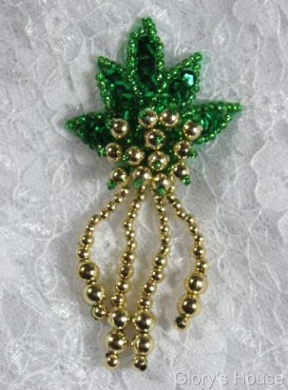 0073 Green Gold Leaf Dangle 3" Sequin Beaded Applique 0073