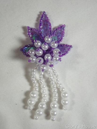 0073 Lavender White Leaf Dangle 3" Sequin Beaded Applique 0073