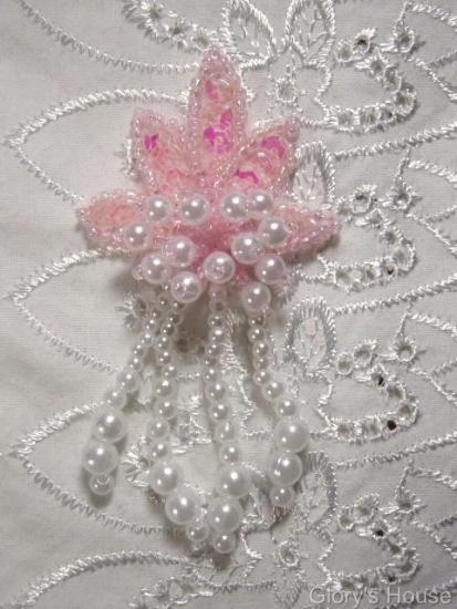 0073 Pink & Pearl Leaf Dangle 3" Sequin Beaded Applique 0073