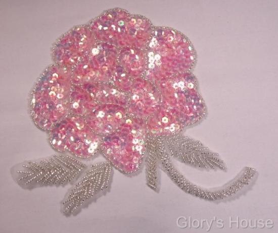 Elegant Pink Rose Floral 6" Sequin Beaded Applique 0081