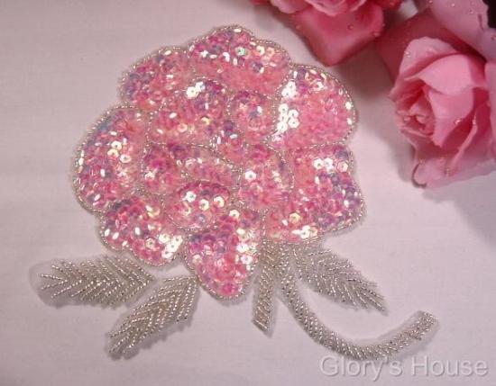 Elegant Pink Rose Floral 6" Sequin Beaded Applique 0081