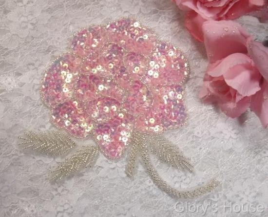 Elegant Pink Rose Floral 6" Sequin Beaded Applique 0081