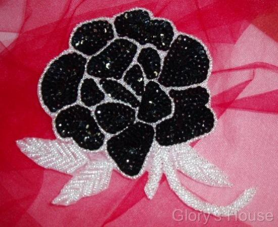 Elegant Black Rose Floral 6" Sequin Beaded Applique 0081