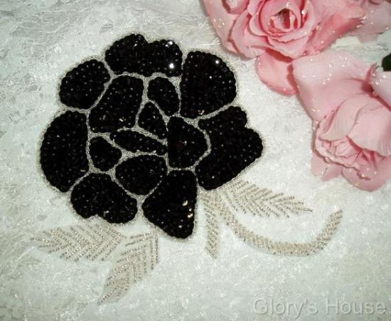 Elegant Black Rose Floral 6" Sequin Beaded Applique 0081