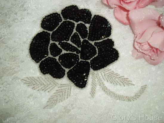 Elegant Black Rose Floral 6" Sequin Beaded Applique 0081
