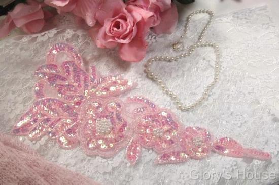 Pink Pearl Floral (Right)12" Sequin Beaded Applique 0160