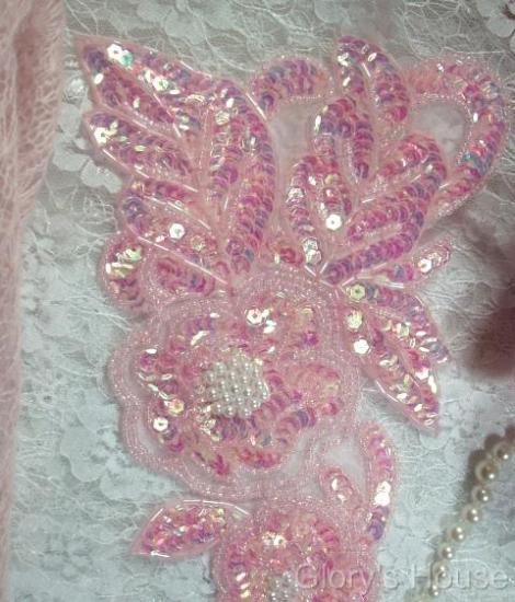 Pink Pearl Floral (Right)12" Sequin Beaded Applique 0160