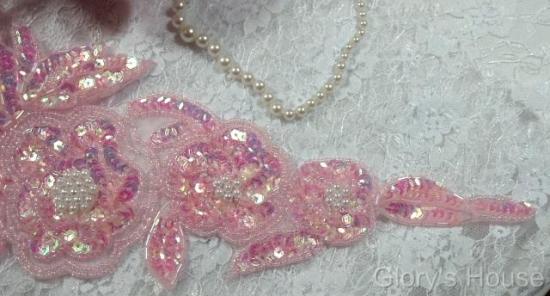 Pink Pearl Floral (Right)12" Sequin Beaded Applique 0160