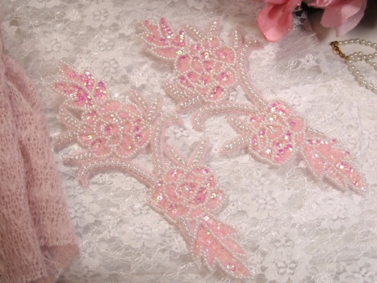 0009  Pink Pearl Rose Mirror Pair Sequin Beaded Appliques