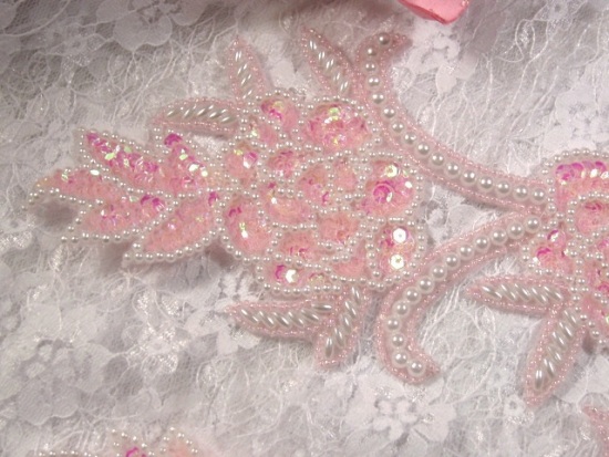 0009  Pink Pearl Rose Mirror Pair Sequin Beaded Appliques