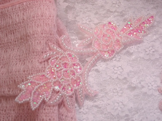 0009  Pink Pearl Rose Mirror Pair Sequin Beaded Appliques