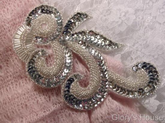0069 Silver French Curl Sequin Beaded Appliques 6.5"