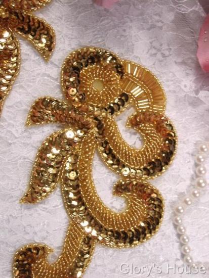0069 Gold French Curl Sequin Beaded Appliques 6.5"