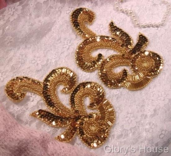 0069 Gold French Curl Sequin Beaded Appliques 6.5"