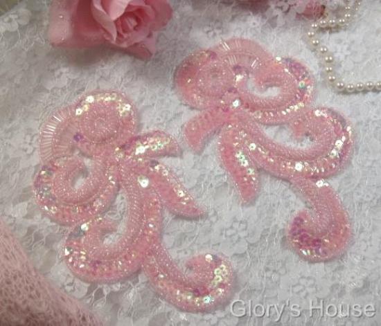0069 Pink French Curl Sequin Beaded Appliques 6.5"