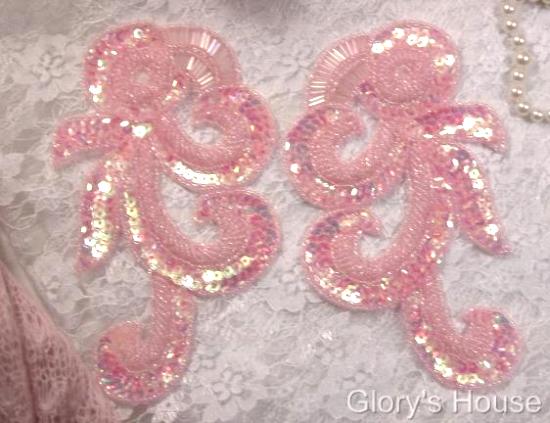 0069 Pink French Curl Sequin Beaded Appliques 6.5"