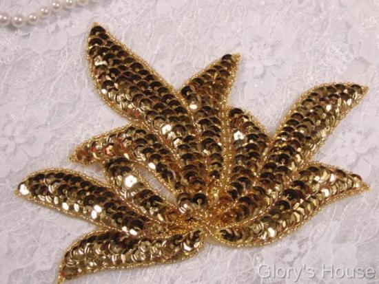 0079 Gold Sea Weed Mirror Pair Sequin Beaded Applique 6"
