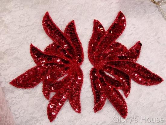 0079 Red Sea Weed Mirror Pair Sequin Beaded Applique 6"