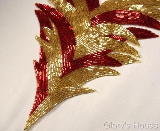 Red Gold Feathering Palm Fan Sequin Beaded Applique 0065