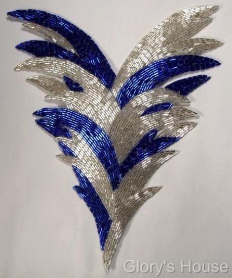 Blue Silver Feathering Palm Fan  Sequin Beaded Applique  0065