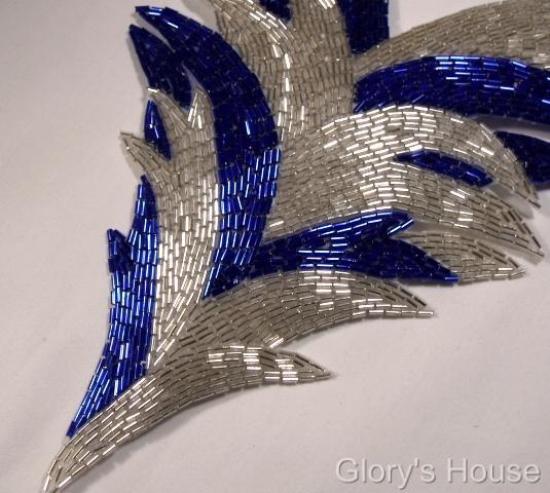 Blue Silver Feathering Palm Fan  Sequin Beaded Applique  0065