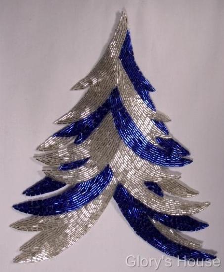 Blue Silver Feathering Palm Fan  Sequin Beaded Applique  0065
