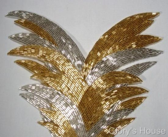 Gold Silver Feathering Palm Fan Sequin Beaded Applique  0065
