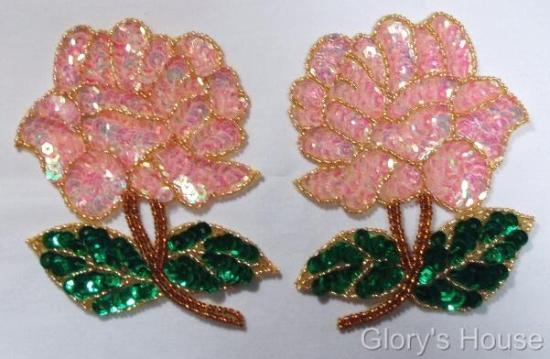 Pink Rose Mirror Pair Sequin Beaded Applique 0074