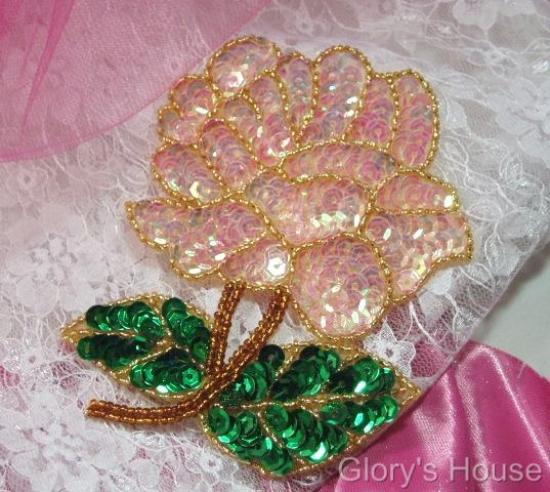 Pink Rose Mirror Pair Sequin Beaded Applique 0074