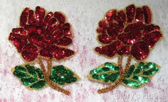 Red Rose Mirror Pair Sequin Beaded Applique 0074