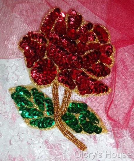 Red Rose Mirror Pair Sequin Beaded Applique 0074
