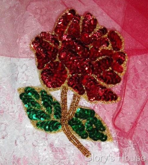 Red Rose Mirror Pair Sequin Beaded Applique 0074