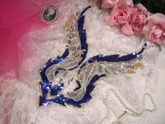 Blue Silver Bodice 11" Sequin Beaded Applique  0061
