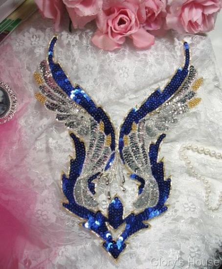 Blue Silver Bodice 11" Sequin Beaded Applique  0061