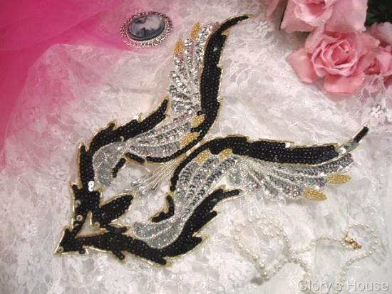 Black Gold Bodice Yoke 11" Sequin Beaded Applique  0061