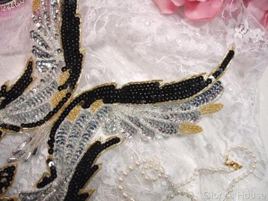 Black Gold Bodice Yoke 11" Sequin Beaded Applique  0061