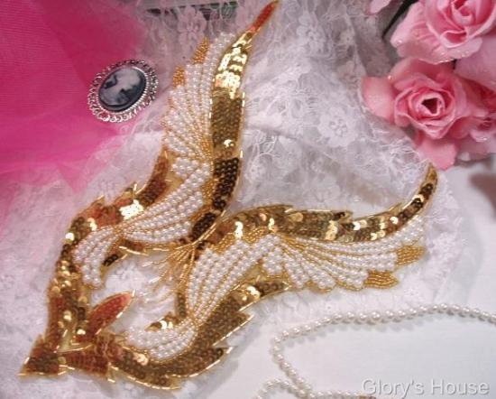 0047 Gold & Pearl Bodice Sequin Beaded Applique