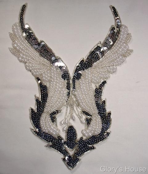 0047 Silver & Pearl Bodice Sequin Beaded Applique