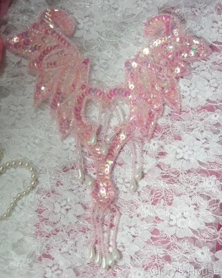 Pink & Pearl Yoke Bodice 8.5" Sequin Beaded Applique 0108