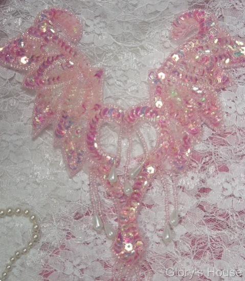 Pink & Pearl Yoke Bodice 8.5" Sequin Beaded Applique 0108