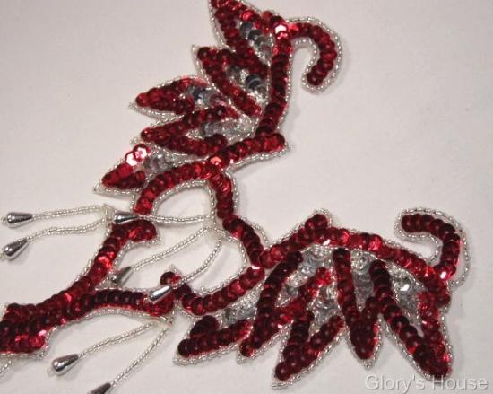 Red & Silver Yoke Bodice 8.5" Sequin Beaded Applique 0108