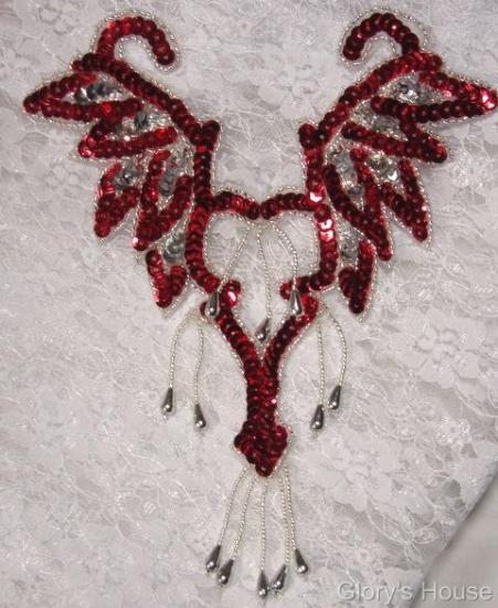 Red & Silver Yoke Bodice 8.5" Sequin Beaded Applique 0108
