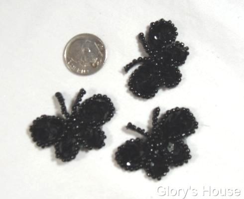 T9516  Set of 3 Black Butterfly Sequin Beaded Applique 1.5"