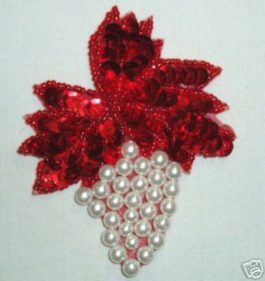 K8260  Red Grape Cluster Pearl Sequin Beaded Applique 3.5"