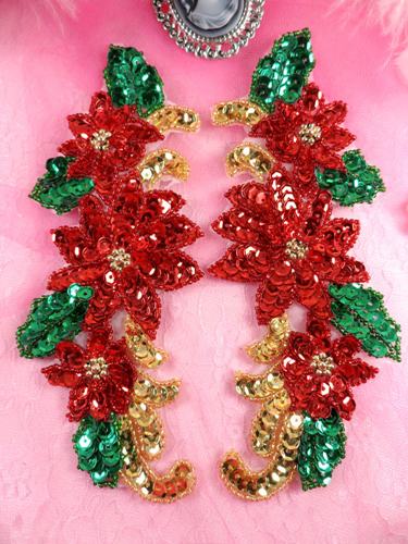 A0313A  Christmas Poinsettia Beaded Sequin Mirror Pair Appliques