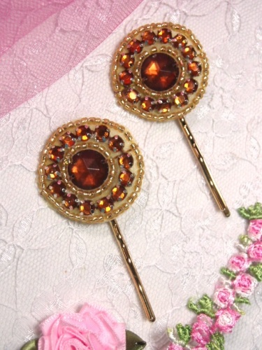 A0379B Set of Two Bronze Round Rhinestone Gold Hair Pins