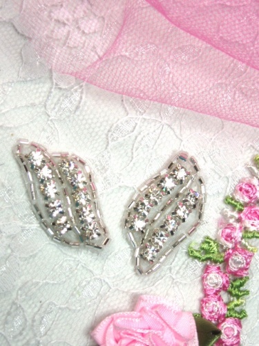 A0468B Set of ( 2 ) Silver Beaded Crystal Rhinestone Leaf Appliques