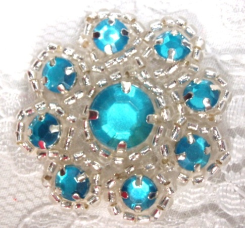 A0474A  Turquoise Silver Rhinestone Jewel Floral Applique 1.25"