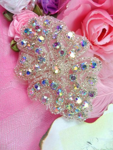 ACT/0477  Cinderella Aurora Borealis Crystal AB Rhinestone Beaded Applique 3"
